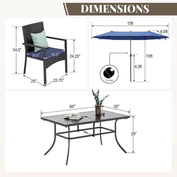 dimension image slide 4 of 10, MAISON ARTS 7/8 Pieces Outdoor Patio Dining Set, 6 PE Rattan Chairs with Cushions and 1 Rectangle Metal Table