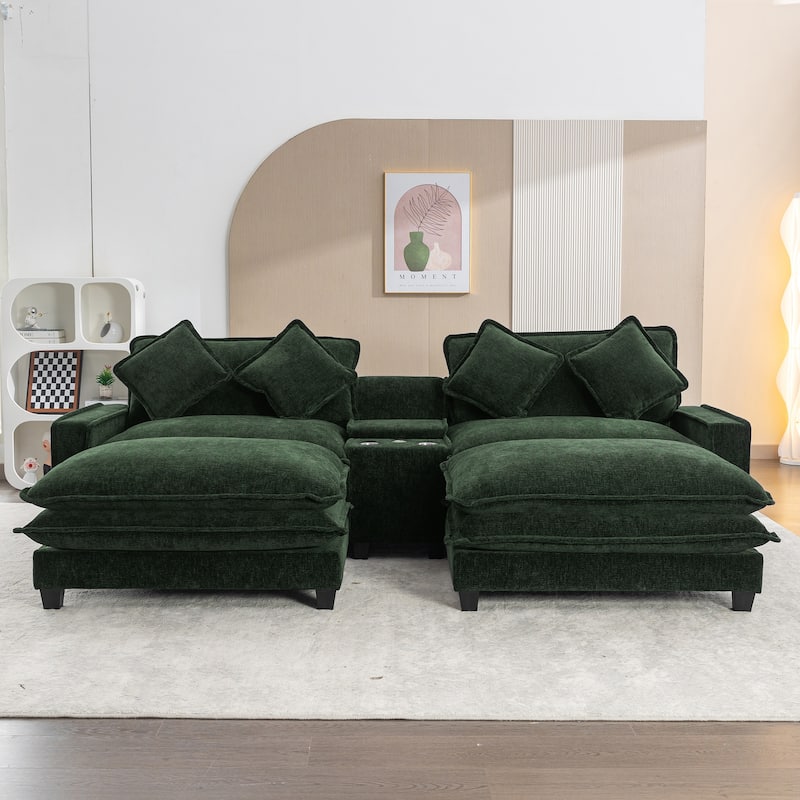 Roomfitters Chenille Sectional Sofa with 2 Ottomans, USB Ports, Cup Holders and Storage Box for Living Room