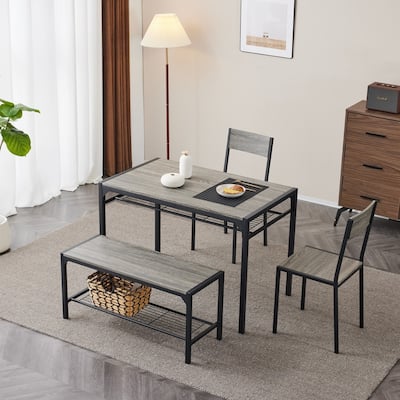 Mid-Century Modern 4 Piece Dining Set,Rectangular Table, Bench, 2 Chairs, Steel Frame