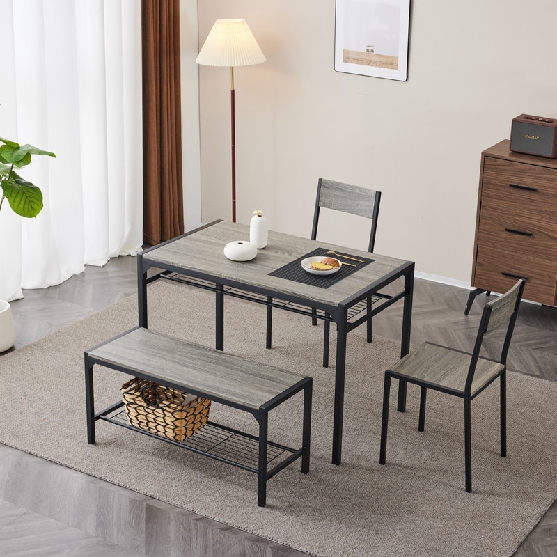 Mid-Century Modern 4 Piece Dining Set,Rectangular Table, Bench, 2 Chairs, Steel Frame