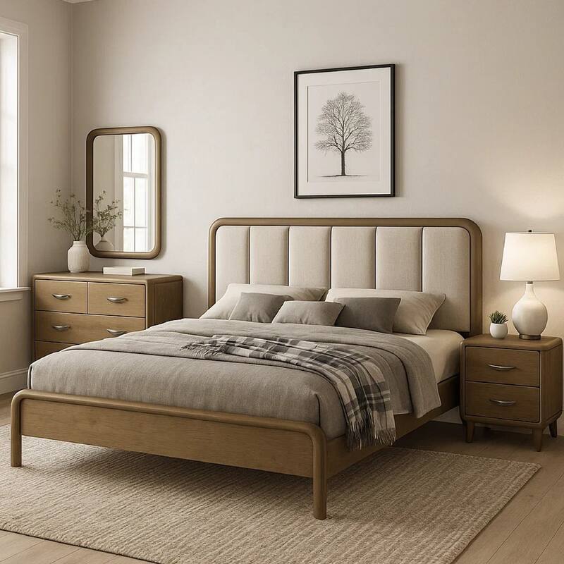 Deon 4 Piece Queen Bedroom Set, Upholstered Headboard, Brown Hardwood
