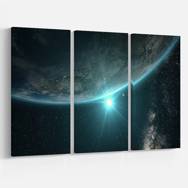 Designart "Sunrise in Earth from Space" Contemporary Landscape Canvas Art - 36x28 - 3 Panels