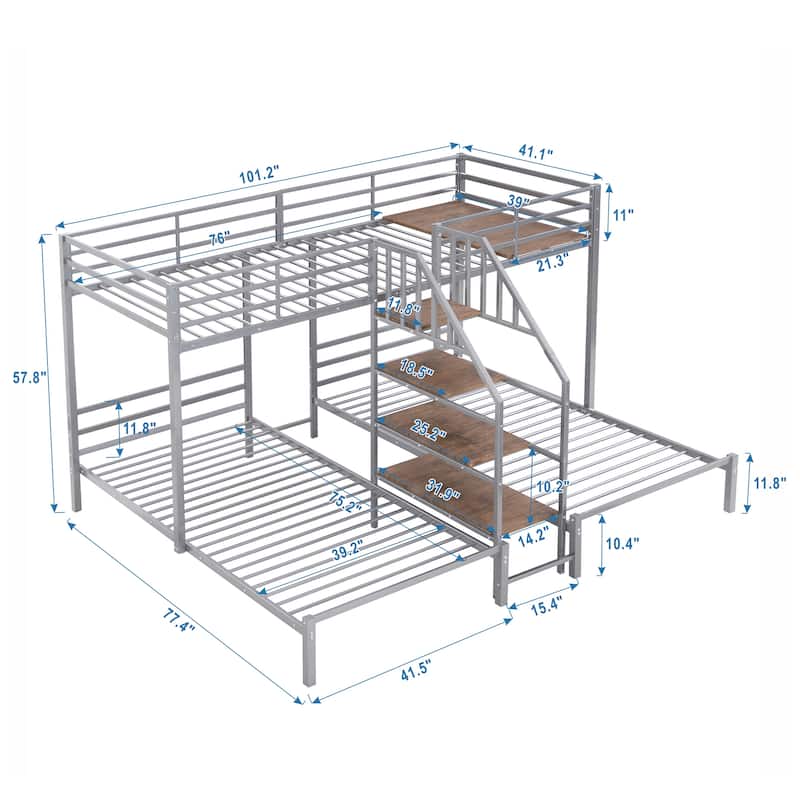 Metal Twin over Twin & Twin Bunk Bed with Storage Shelves Staircase, Triple Bunk Bed Frame, No Box Spring Needed for Kids