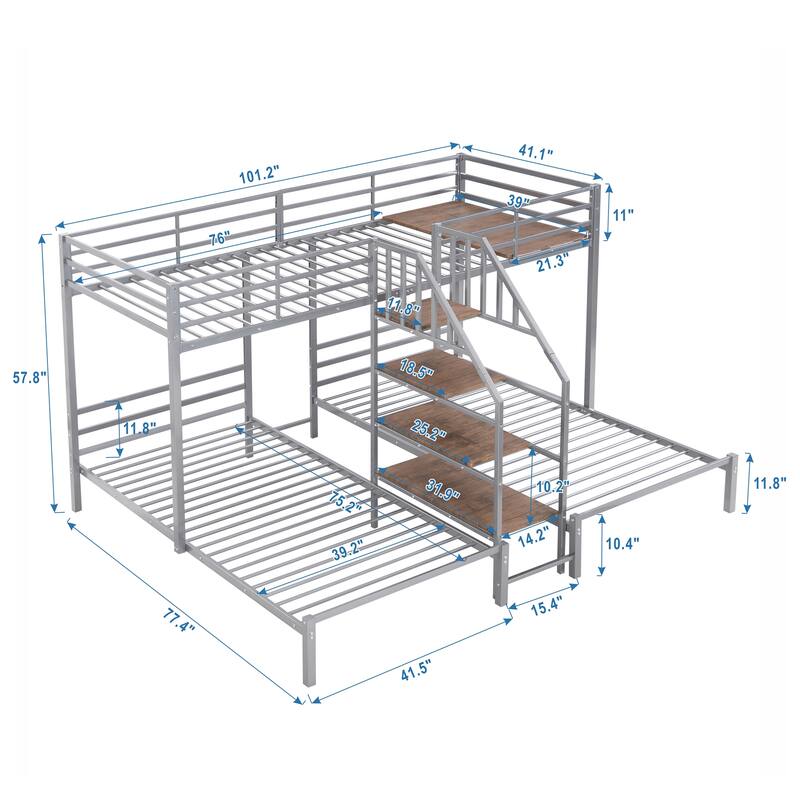 Triple Bunk Bed for Kids, Metal Twin Over Twin & Twin Bunk Bed with Staircase and Storage Shelves, Space-Saving Design