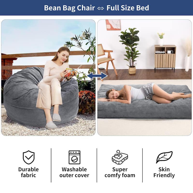 2-in-1 Convertible Bean Bag Chair Bed, Full Size Floor Mattress