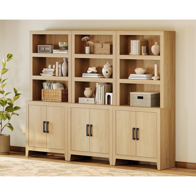 74" Tall Bookshelf with Door, Farmhouse Bookcase with Adjustable Shelf and Storage Cabinet for Living Room, Office - 93" Wide - Oak