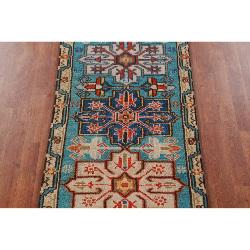 Hand Knotted Oriental 100% Wool Carpet Traditional Geometric Navy Blue & Blues Kazak Runner Rug - 8' 1'' X 2' 7''