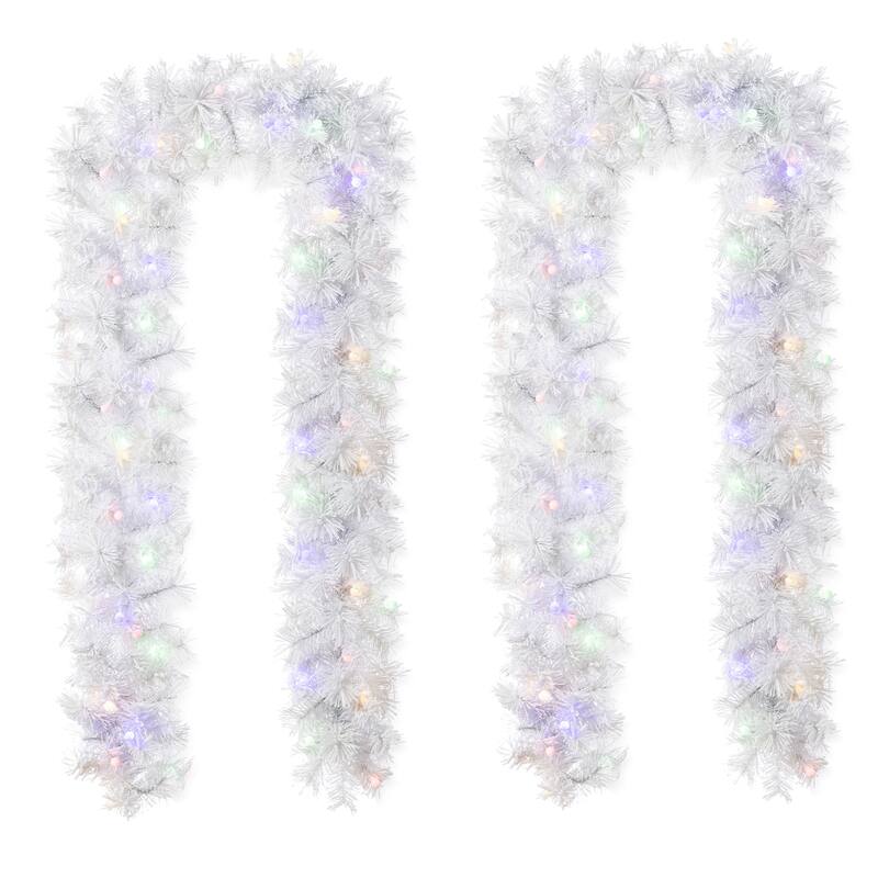 Glitzhome Pre-Lit Snow Flocked White/Greenery Pine Garland & Wreath & Teardrop - Set of 2 "9ft Garland" with White Pine