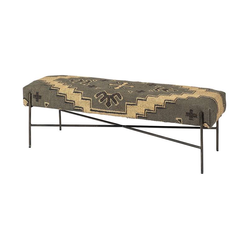 HomeRoots 55" Green Brown and Black Upholstered Abstract Cotton Blend Bench - 55