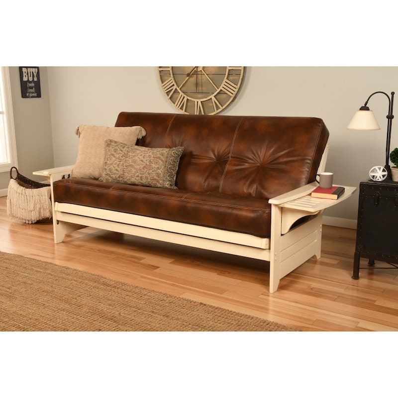 Copper Grove Dixie Futon Set in Antique White Wood with Innerspring Mattress - Oregon Trail Saddle