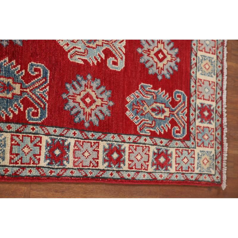 Red Geometric Kazak Oriental Runner Rug Handmade Wool Carpet - 2'8" x 9'4"