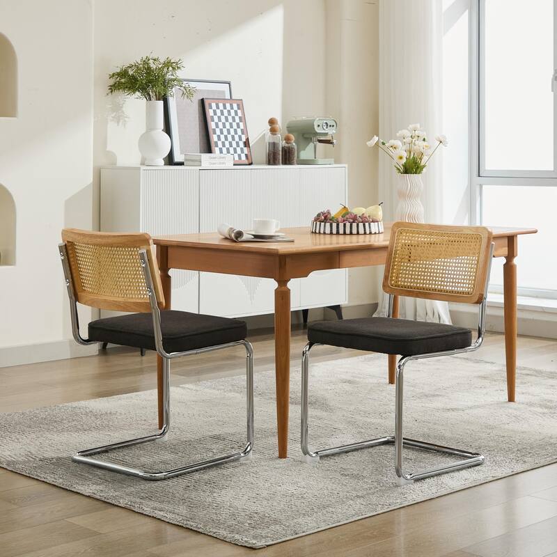 GDF Studio - Mid-Century Linen Dining Chairs with Natural Rattan Cane Back & Chrome Cantilever Base, Set of 2