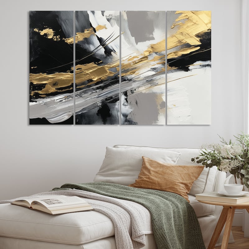 Designart "Golden River Wildness Abstract Gold And Black" Abstract Multipanel Canvas Wall Art set - 48 In. Wide X 28 In. High - 4 Panels Equal Panels