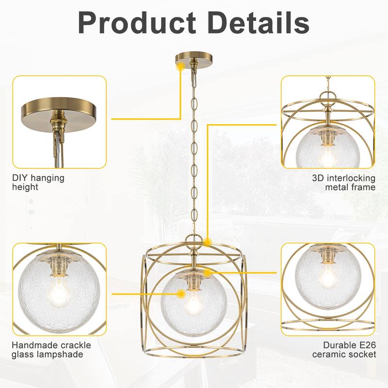 11.5" Metal Frame Clear Crackled Glass Globe Pendant Light Modern - Dia.11.5-in