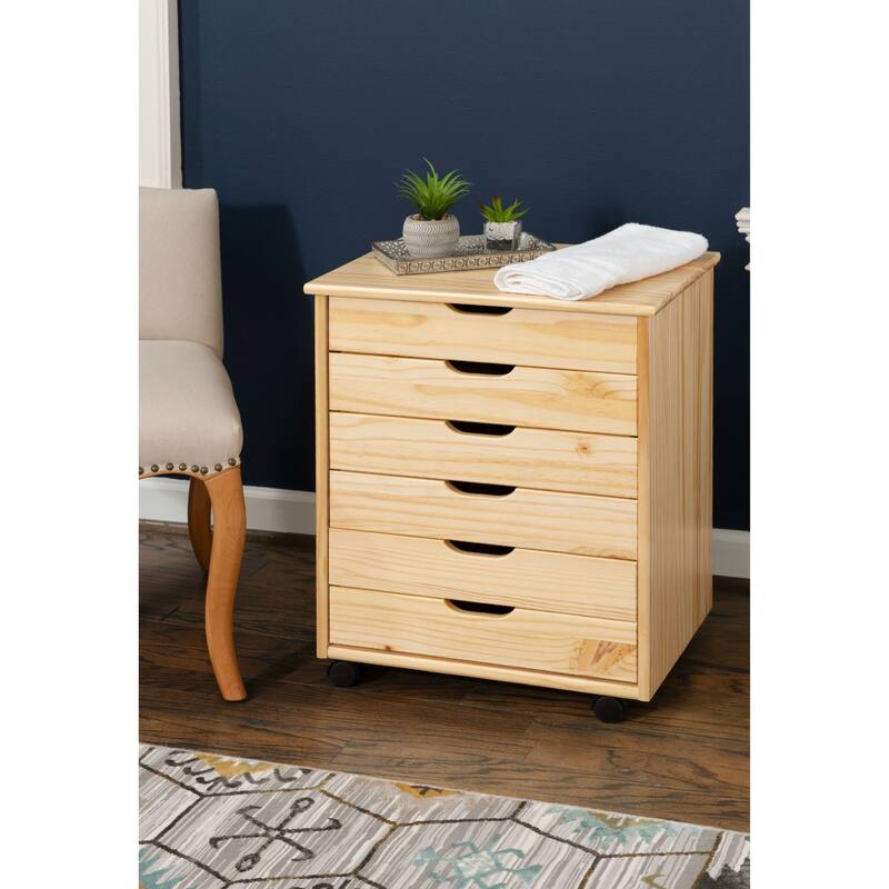 25.25” Natural Brown Wide Rolling Storage Cabinet with 6 Drawer