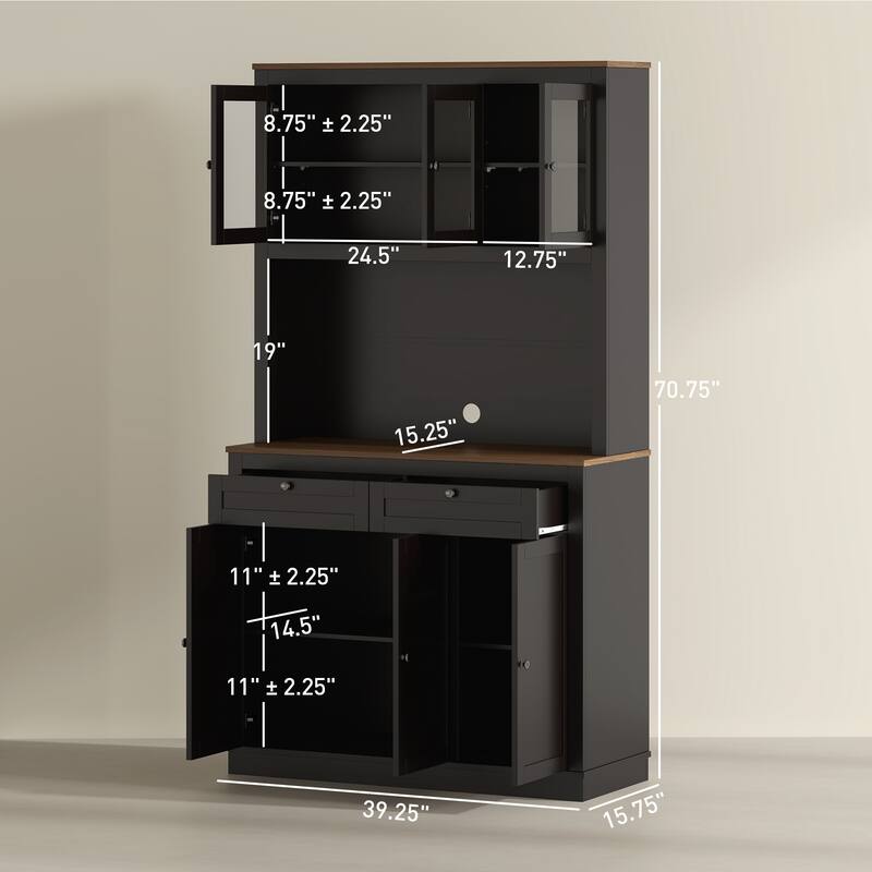 Tall Adjustable Shelves Kitchen Pantry Cabinet with Glass Doors and 8 Compartments 2 Drawers - 39.4" W x 15.7" D x 70.9" H
