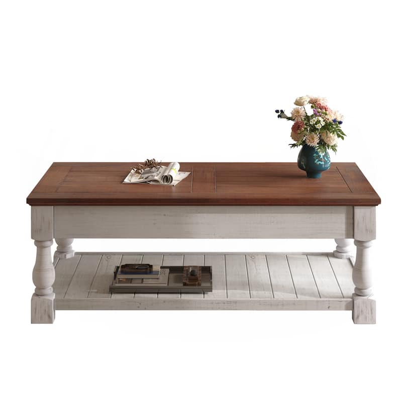 Farmhouse Lift Top Coffee Table with Fixed Shelf - 3 Hidden Storage Trays