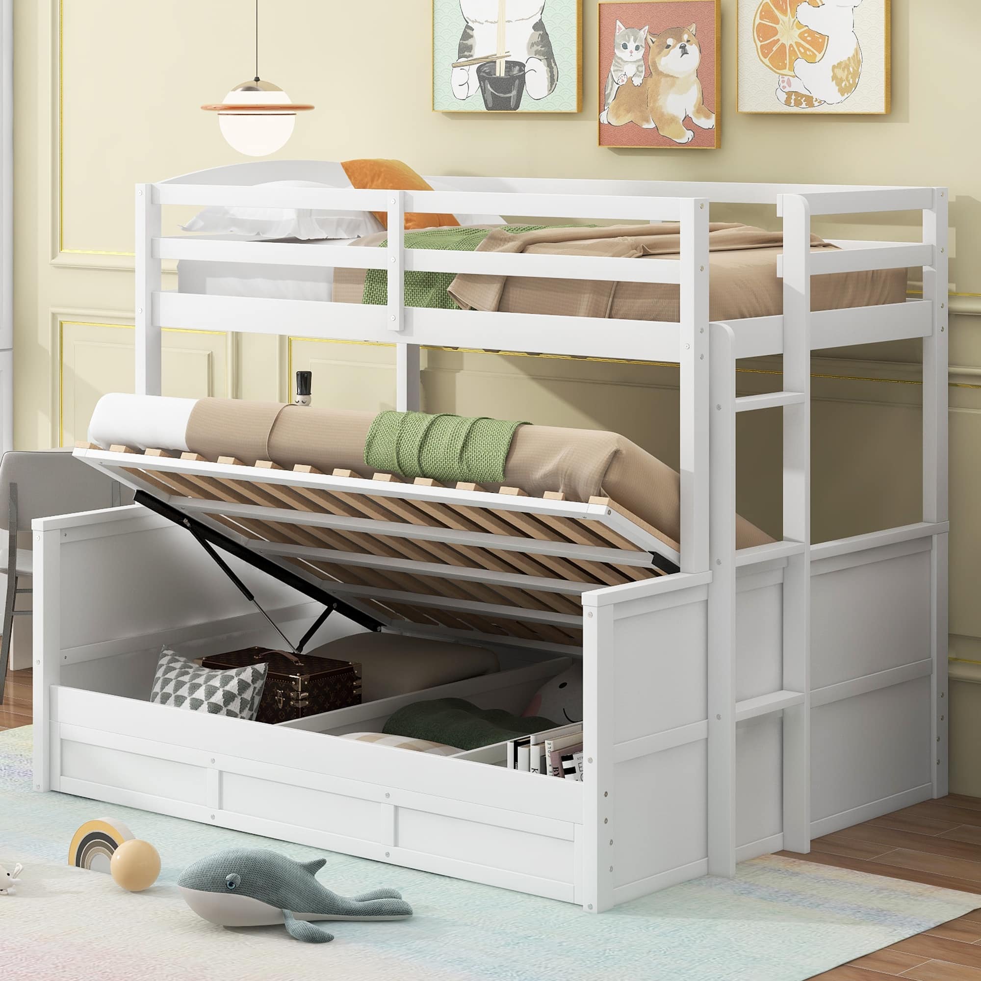 Multifunctional Design Twin over Full Bunk Bed with Hydraulic Lift Up
