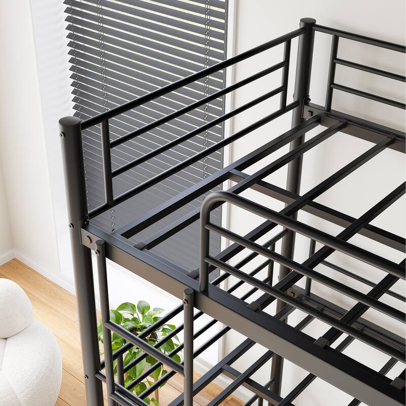Triple Twin Bunk Beds, Twin Over Twin Over Twin Metal Bunk Bed Platform Frame, Two Attached Ladders