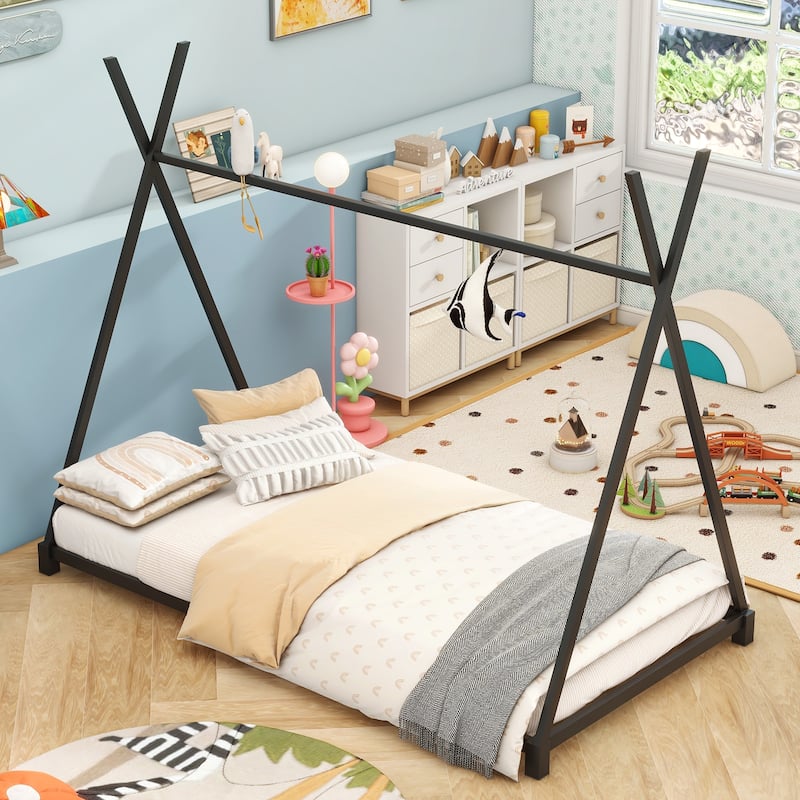 Metal Twin Size House Shaped Platform Bed with Triangle Structure