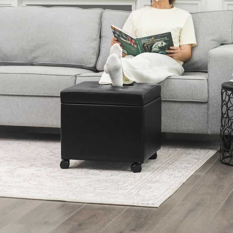 Adeco Bonded Leather Square Tufted Cubic Cube Storage Ottomans