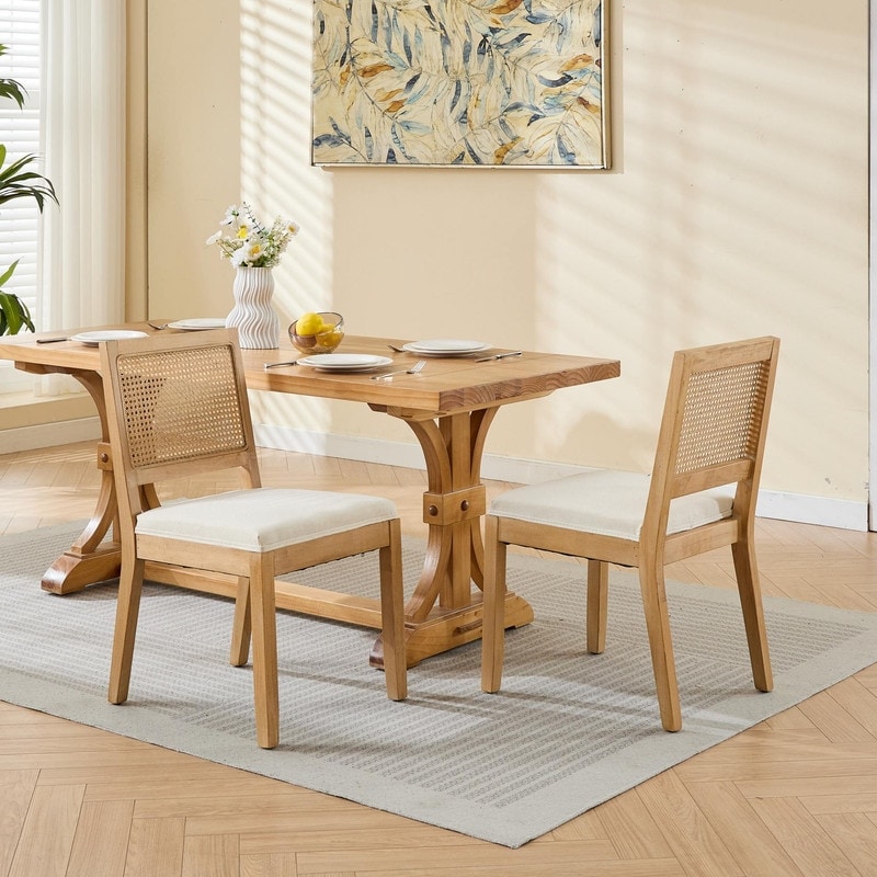 2PCS Mid Century Rattan Dining Upholstered Chair with Hardwood Frame