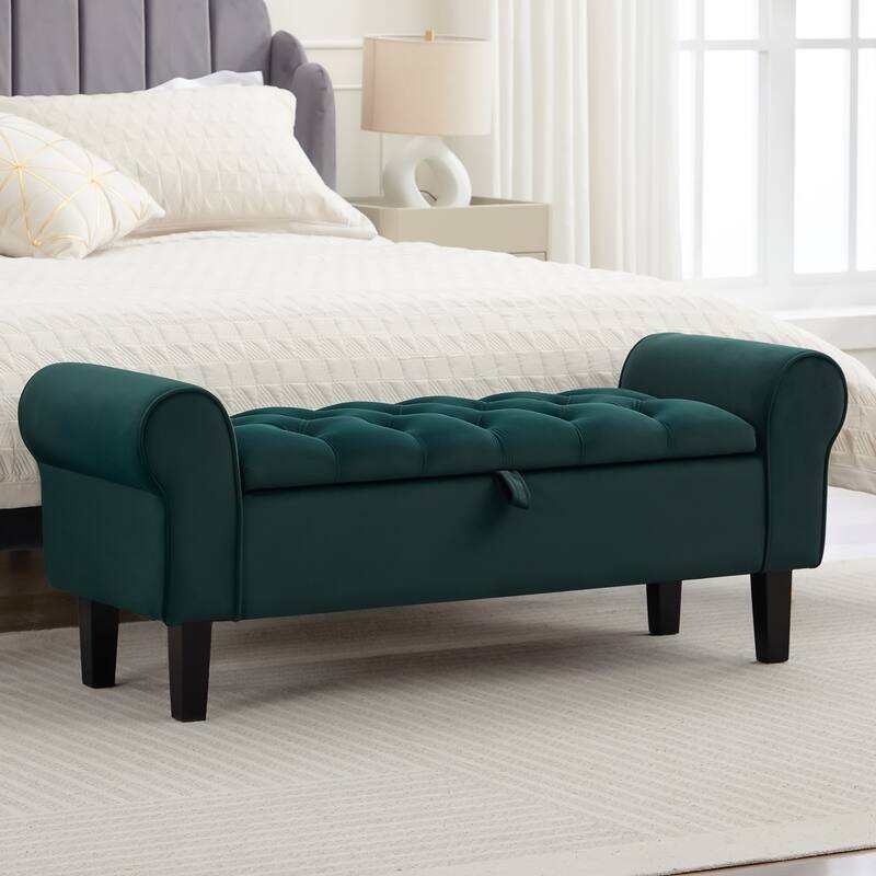Velvet Storage Bench With Rubber Wood Legs for Bedroom