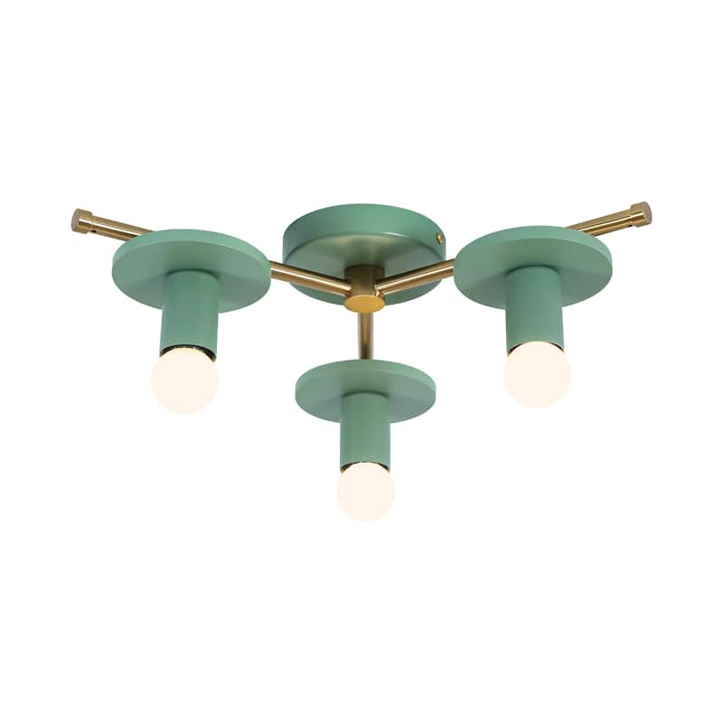 17.5" W 3-Light Modern Green/Black Sputnik Metal Wooden Semi-flush Mount Ceiling Light for Living Room, Bedroom