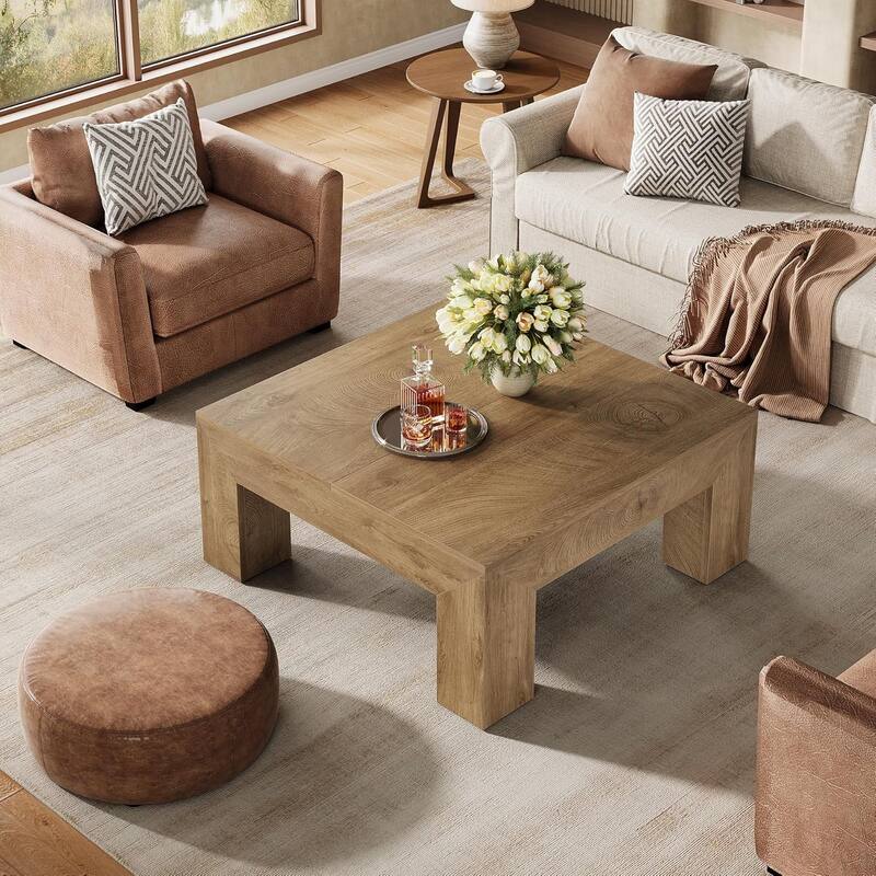 39.4-Inch Square Coffee Table for Living Room, Farmhouse Accent Center Cocktail Table with Sturdy Wooden Legs