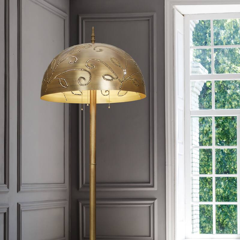 Riya River of Goods Gold-Finish Metal 3-Light Candlestick 65.25-Inch Floor Lamp with Bowl Shade - 20" x 20" x 65.25"