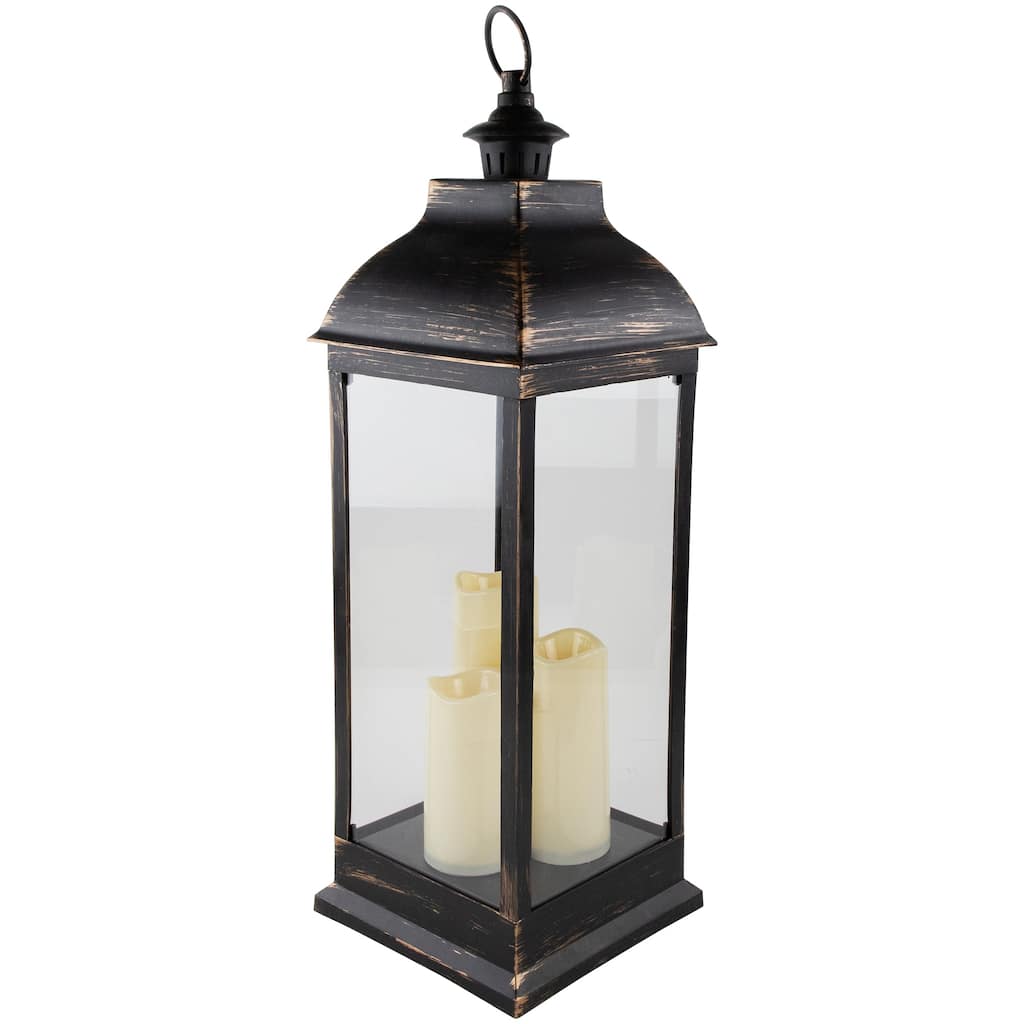28" Gold Brushed Black Lantern With Flameless LED Candles