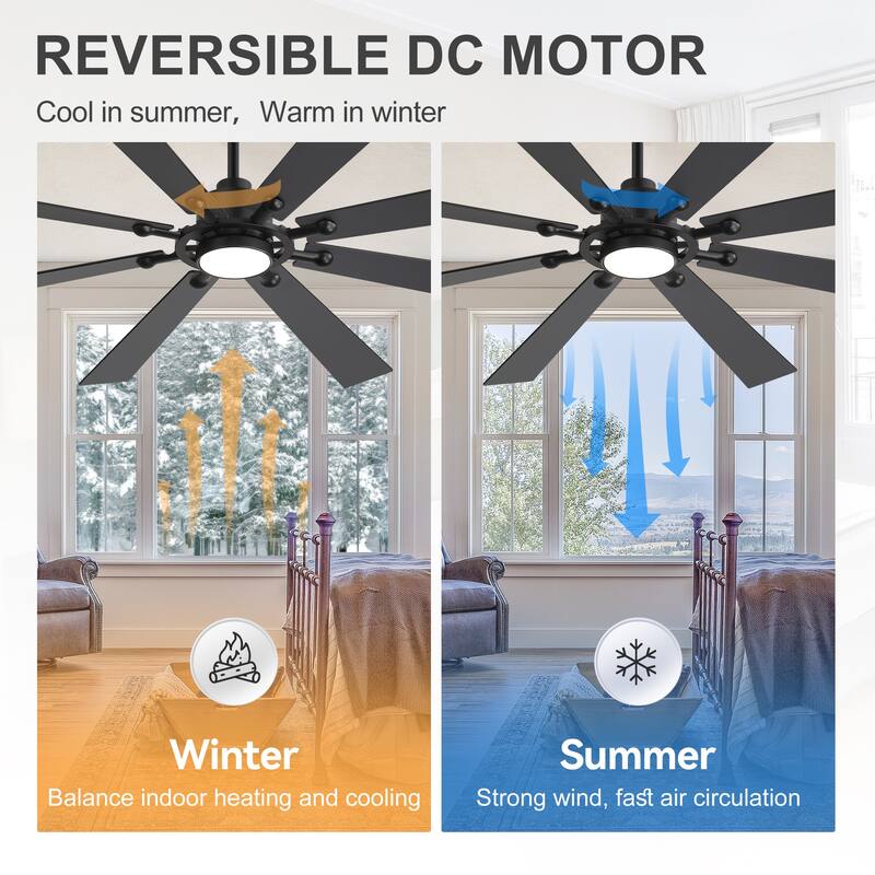 Large 72" Reversible 8-Blade Integrated Ceiling Fan with LED Light and Remote