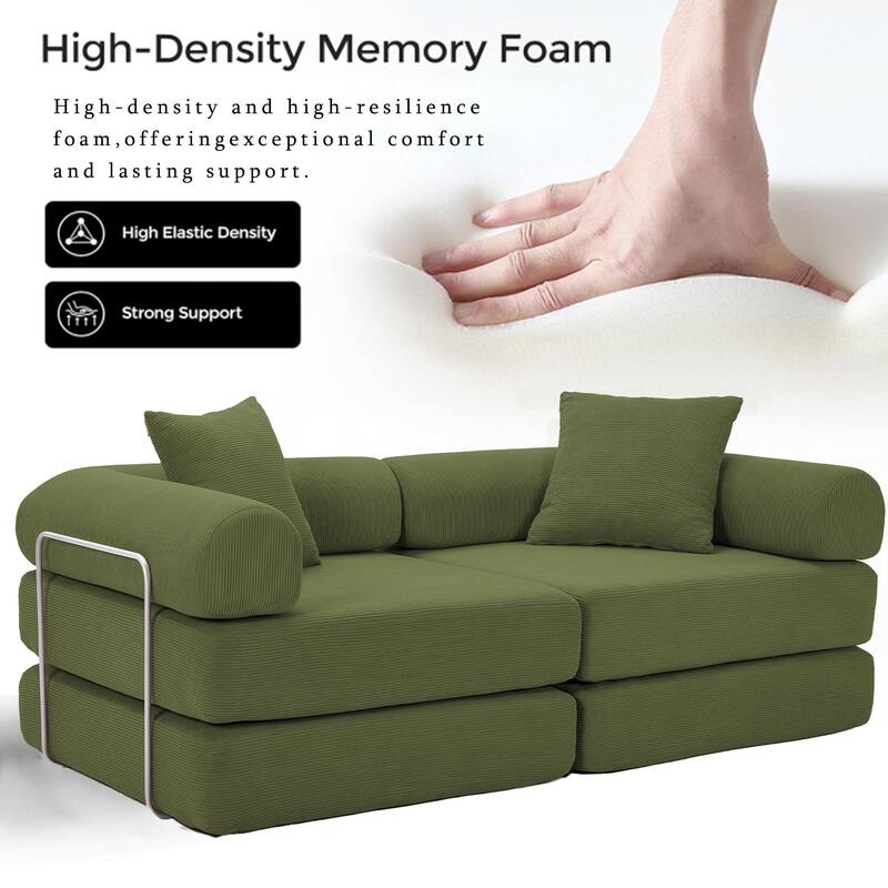 Folding Mattress Lounge Sofa with Corduroy Cushions, Convertible Sofa Bed Sleeper Sofa with Removable Armrests