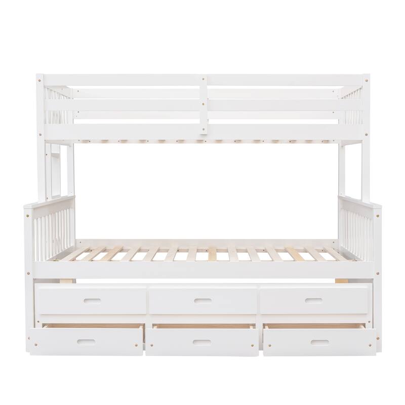 Twin-Over-Full Bunk Bed with Twin Trundle, Space-Saving Design with Drawers, White