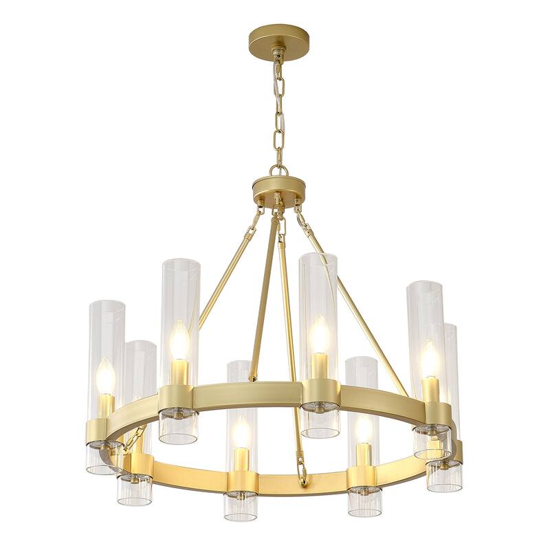 8-Light Industrial Wagon Wheel Chandelier with Glass