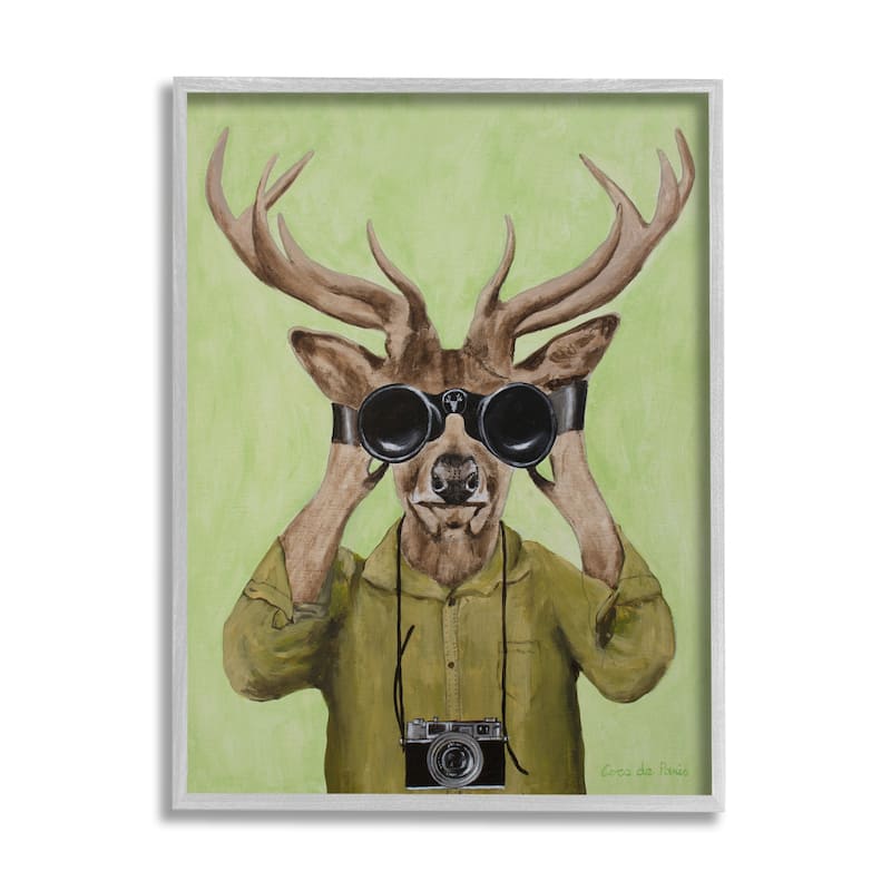 Stupell Funny Cute Deer Binoculars Camera Painting Green Background Framed Wall Art - Brown - 16 x 20 - Grey