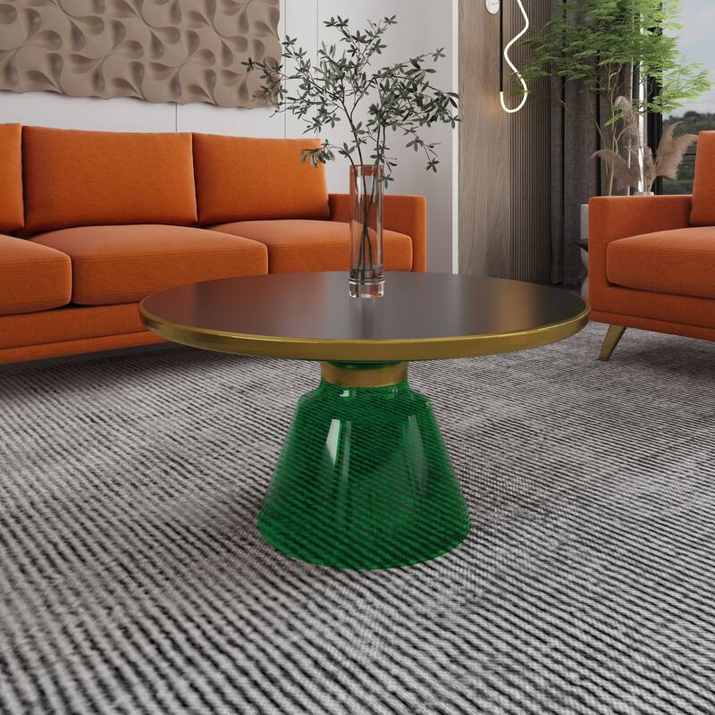 30-Inch Round Coffee Table Glass/Stone Tabletop with Gold Iron Rim Frame Glass Pedestal Base