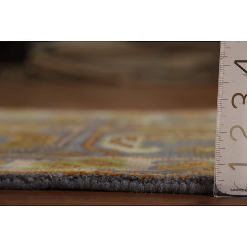 Hand Knotted Oriental 100% Wool Carpet Traditional Geometric Greys & Charcoal Kazak Runner Rug - 9' 10'' X 2' 6''