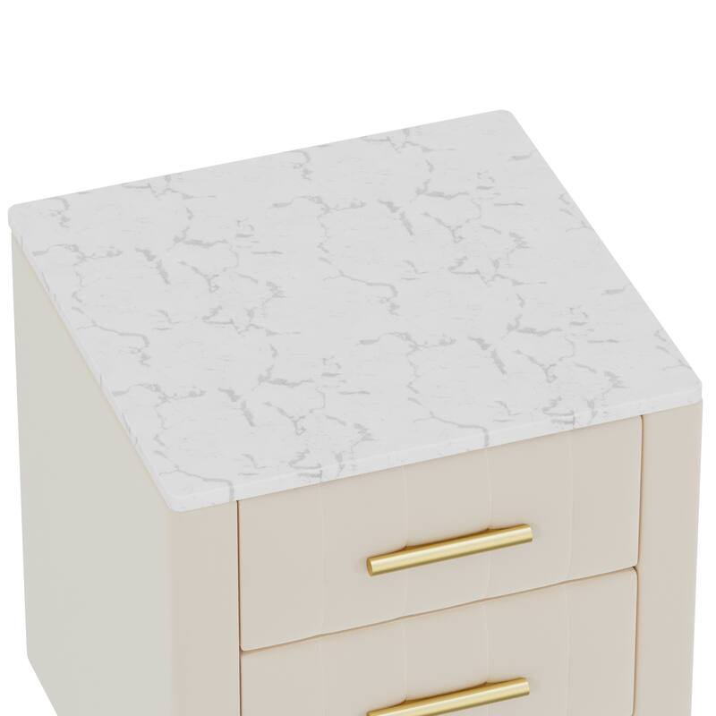 Upholstered Wooden 3-Drawer Nightstand - Metal Legs/Handles + Marbling Sticker Top Bedside Table (Beige)