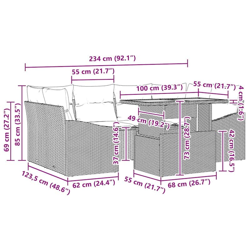 vidaXL 7 Piece Garden Sofa Set with Cushions - 92.1×48.6×27.2