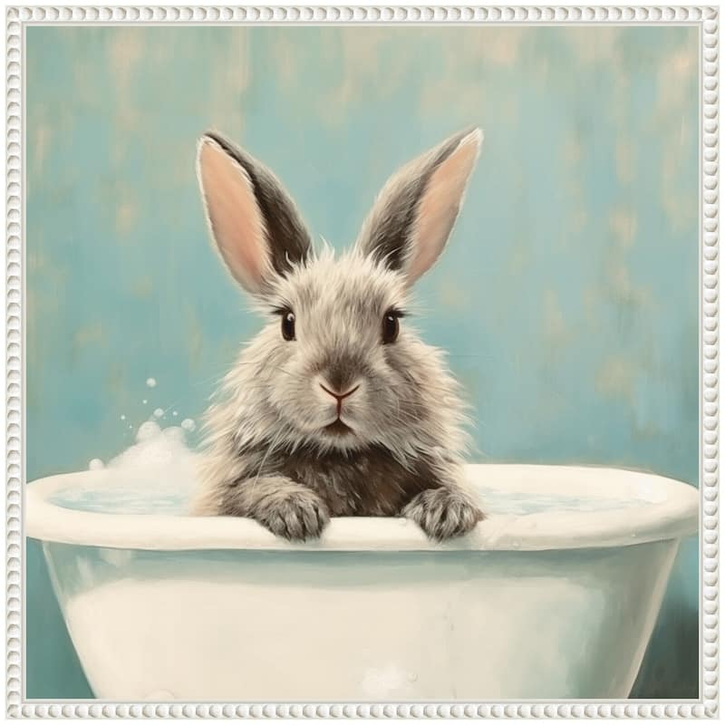 Kate and Laurel Sylvie Country Bunny White Bathtub Framed Canvas by The Creative Bunch Studio