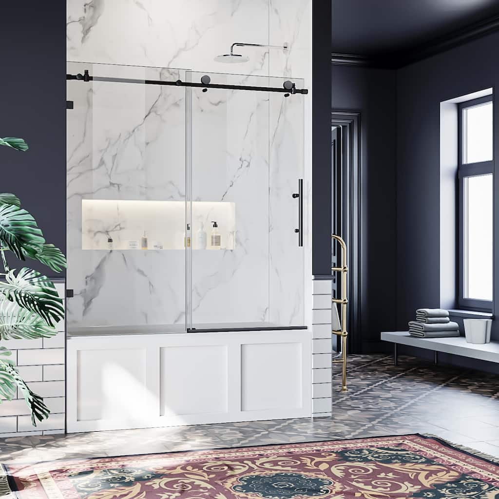 ELEGANT 60 x 62 Frameless Sliding Shower Tub Door Black - 60'' x 62'' - 60'' x 62''