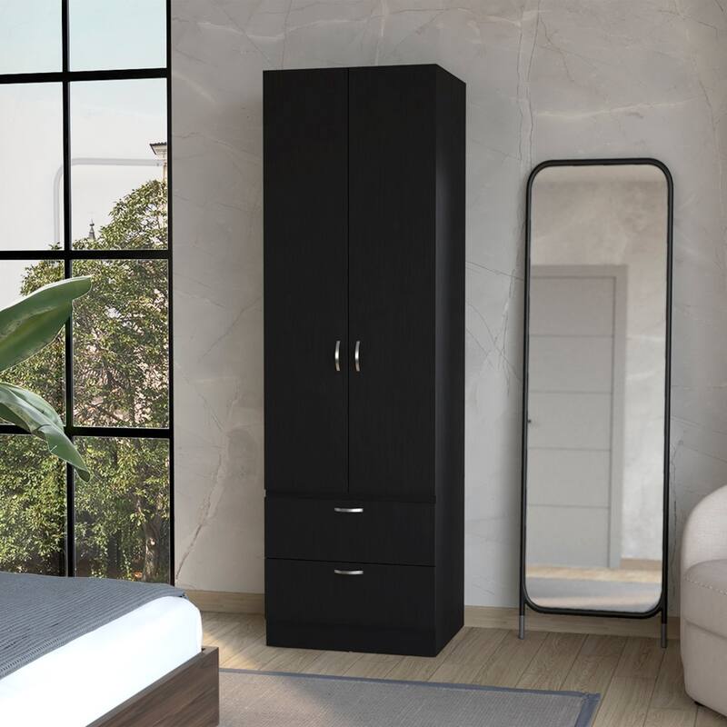 19.5" Modern Double-door Armoire with Hanging Rod, One Shelf and Two Exterior Drawers