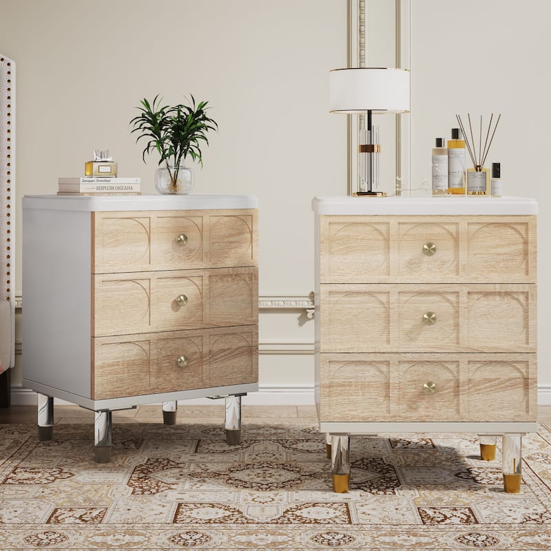 Nightstand Bedside Table with 3 Drawers, Bedroom Tall Night Stands Sofa End Table with Storage for Bedroom, Living Room - White and Brown-2