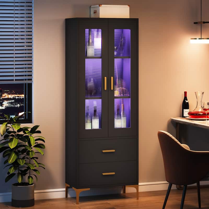 Tall Bookcase Bookshelf Storage Cabinet With Doors and LED Light