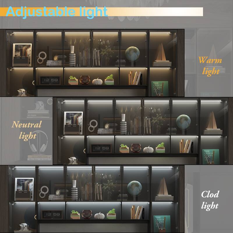 90.6"Illuminated Glass Workstation Productive Workspace Bookshelf Desk
