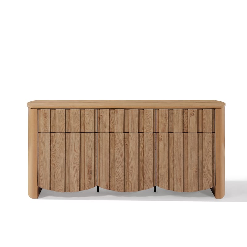 Oak Finish Manufactured Wood 3-Drawer 3-Door 63-Inch Wide Buffet Cabinet - 63" Wide