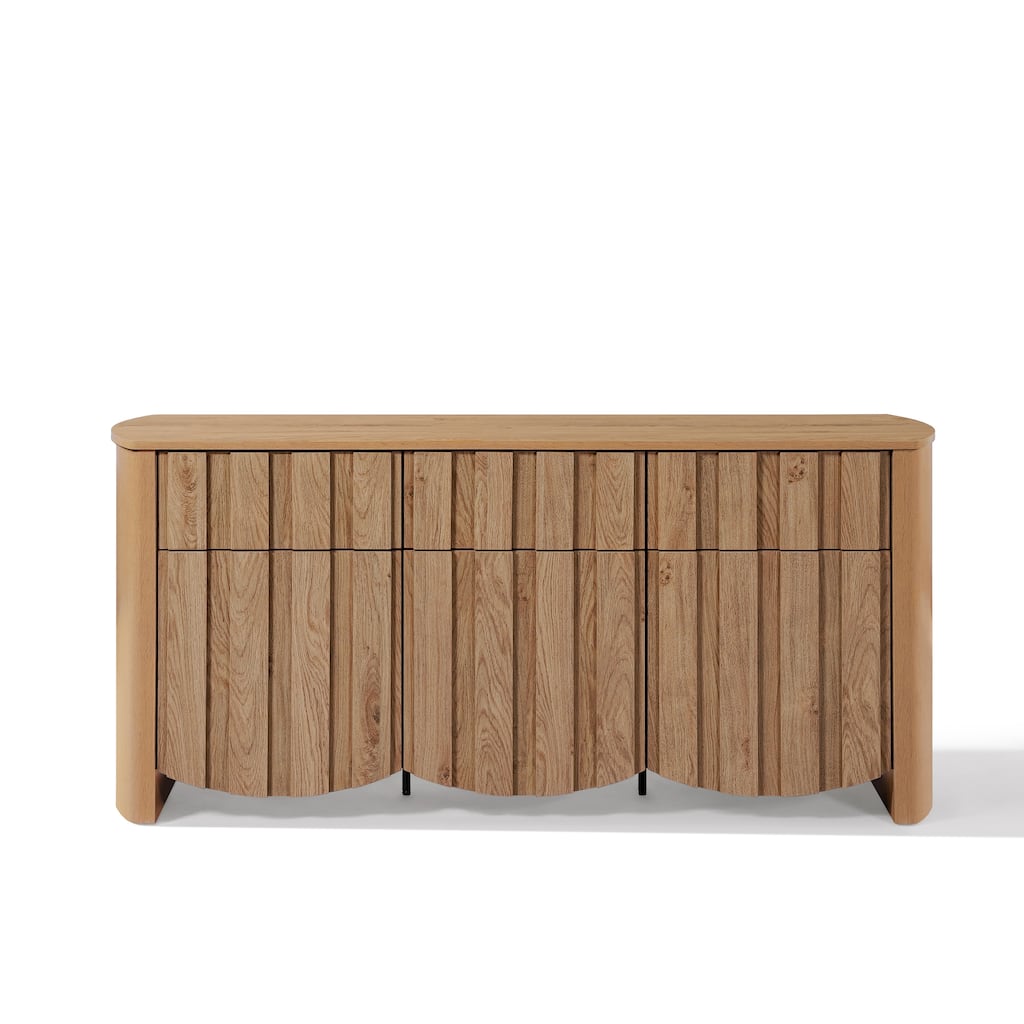 Oak Finish Manufactured Wood 3-Drawer 3-Door 63-Inch Wide Buffet Cabinet - 63" Wide