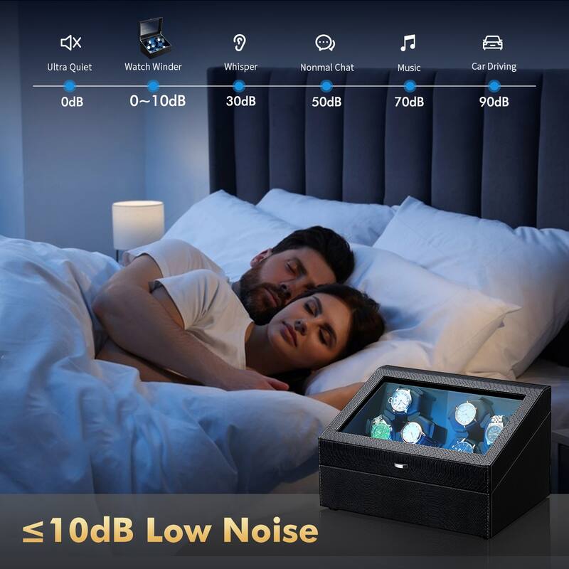 Luxury Watch Winder Box for 6 Watches with LED Lighting, Silent Motor, Memory Foam Cushions