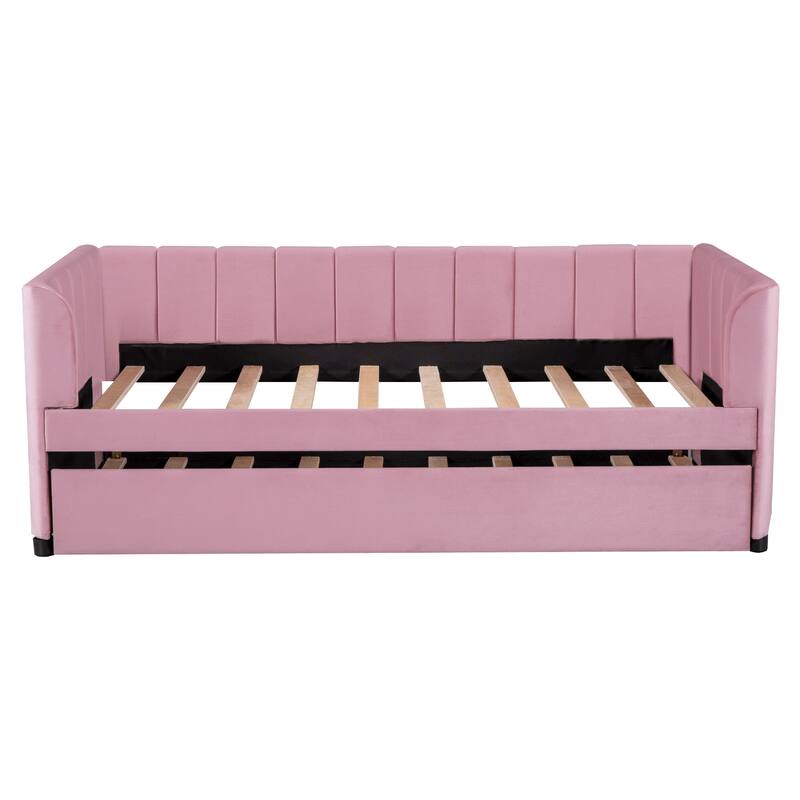 Twin Upholstered Daybed with Ergonomic Backrest and Roll-Out Trundle, Ideal for Small Apartments and Guest Rooms